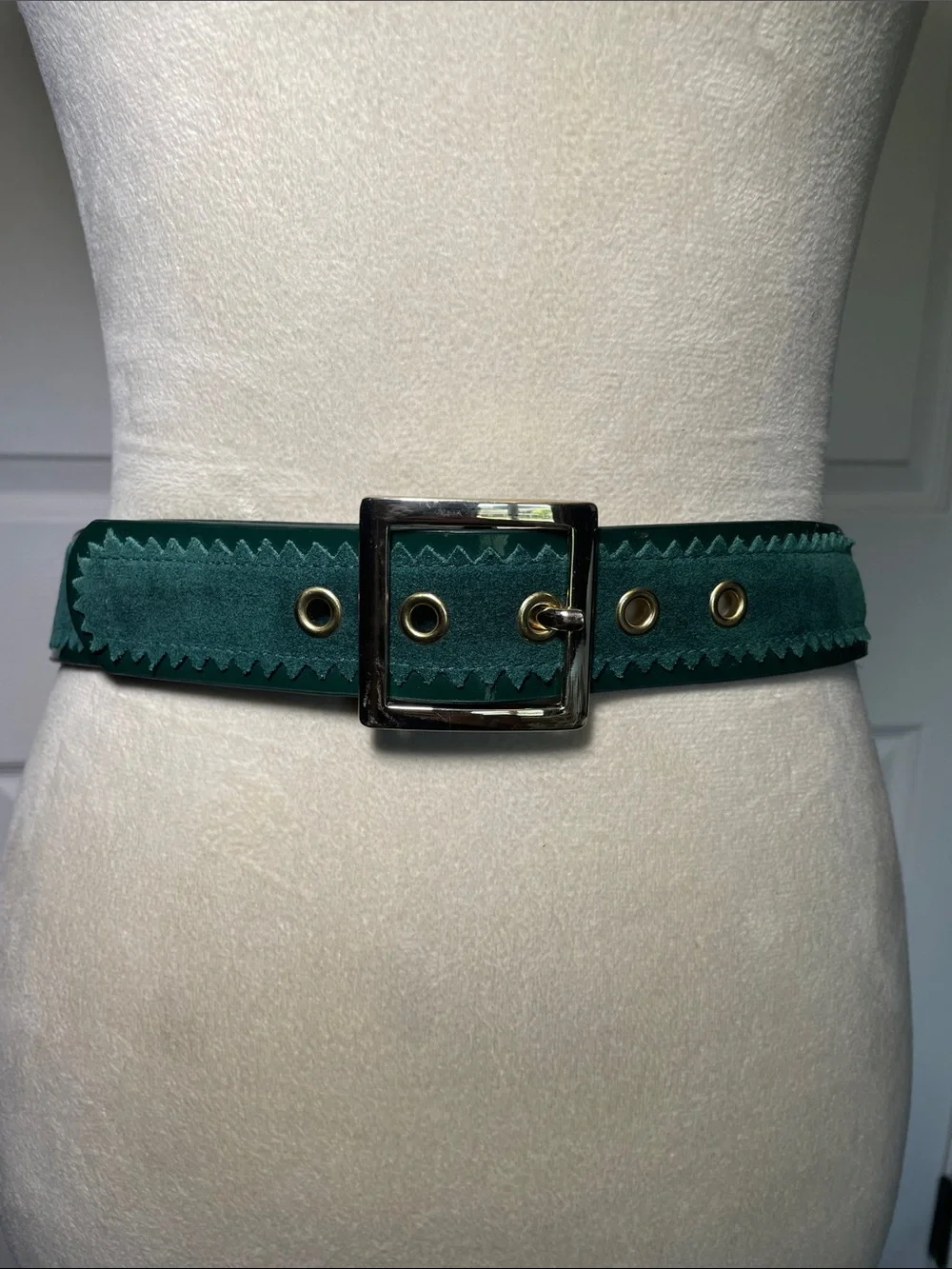 Western Chic Dark Green Suede Belt Gold Square Buckle Medium/Large